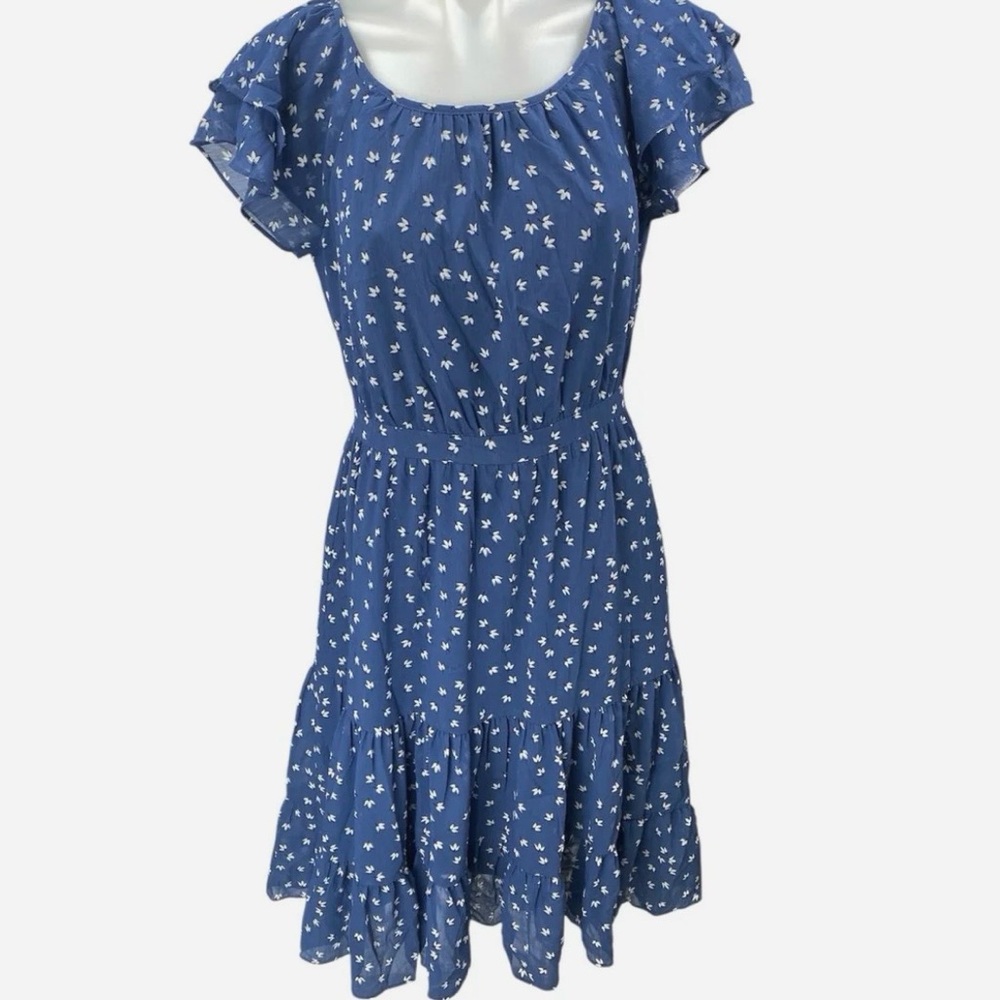 J.Crew Blue Floral Short Flutter Sleeve Ruffle Tiered Dress